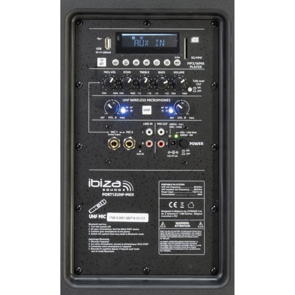 IBIZA Sound PORT12UHF-MKII TWS sono portable sur batterie 12"  350W RMS micro sans fil usb mp3 avec bluetooth TWS