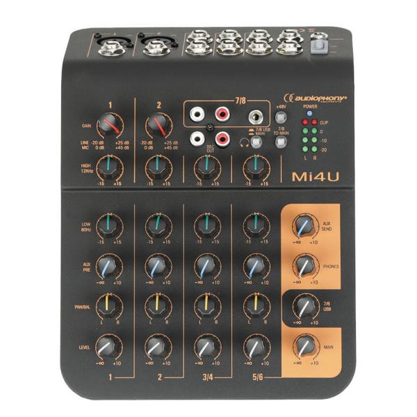 AUDIOPHONY Mi4U console de mixage compacte Mixer 4 canaux 2 Microphone, 2 stéréo, 1 Aux et port USB	