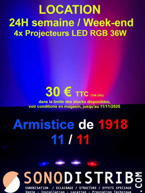 Offres spéciales Armistice de 1918 - 11 novembre  Matériel de sonorisation et d'éclairage : enceinte Bluetooth®, éclairage led bleu blanc rouge, vidéoprojection,  sonodistrib sono seclin lille