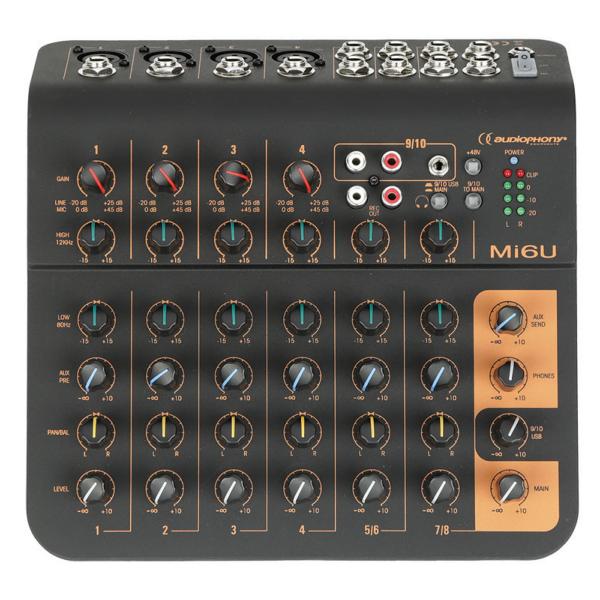 AUDIOPHONY Mi6U console de mixage compacte Mixer 6 canaux 4 Microphone, 2 stéréo, 1 Aux et port USB