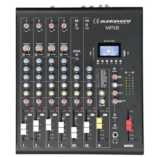 AUDIOPHONY MPX8 console de mixage Mixer 8 canaux avec compresseur, Effets et lecteur USB/SD/BT