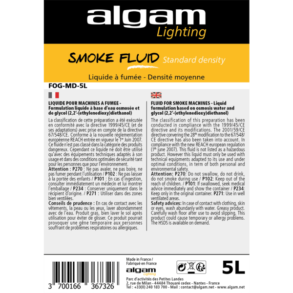 Algam Lighting FOG MD 5L liquide pour machine à fumée Densité moyenne  bidon 5 litres