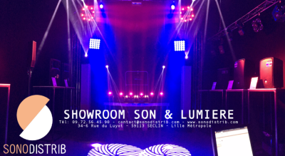 Showroom son et lumière RCF BRITEQ SONODISTRIB Seclin Lille métropole sonorisation éclairag eled projecteur lyre beam wash spot enceinte caisson de basse subwoofer antari