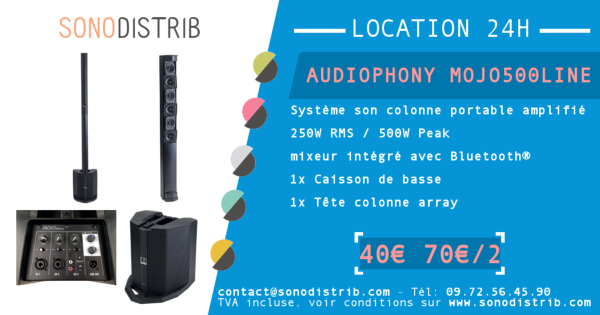 Location systme son (250W RMS / 500W Peak) complet avec mixeur intégré et entrée Bluetooth AUDIOPHONY MOJO 500 LINE magasin matériel sono professionnel location vente lille seclin lens arras douai