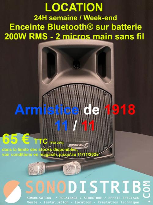 Offres spéciales Armistice de 1918 - 11 novembre  Matériel de sonorisation et d'éclairage : enceinte Bluetooth®, éclairage led bleu blanc rouge, vidéoprojection,  sonodistrib sono seclin lille