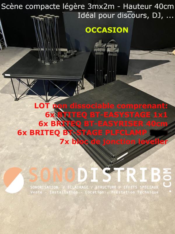 🚨DESTOCKAGE🚨 Modèle d'occasion 🚨 Suite renouvellement de notre parc de matériel ✅ Scène compacte légère 3mx2m H40cm  (article discontinué) Plateforme compacte, légère et solide comprenant:  6x BRITEQ BT-EASYSTAGE 1x1 6x BRITEQ BT-AESYRISER 40cm 6x BRITEQ BT-STAGE PLFCLAMP 7x Bloc de jonction leveller (autres accessoires disponibles sur commande en neuf selon configuration souhaitée) 🚨 Utilisation en intérieur sur sol lisse. La surface d’appui au sol des supports de plateforme doit être parfaitement plane. ✅ Tarif : 1200€ TTC - TVA 20% (au lieu de 2576€ TTC prix public conseillé neuf) - Prix non négociable ✅ Matériel d'occasion, Bon état général, Parfait état de fonctionnement ✅ Pas de vente à distance, pas d'expédition, pas de réservation : 1ier arrivé = 1ier servi #sonodistrib #destockage #occasion #Braderie #jbsystems #sonorisation #sonopro #sono #eclairageled #djsetup #Lille #nordpasdecalais #hautsdefrance #projecteur #ProjecteurLED #movinhead #movingheads #movingheadlights #movingheadlighting #EnceintePortable #enceintebluetooth #audiovisuel #MachineAFumee #fogmachine #rcfaudio #speaker #speakerbluetooth #amplificateur #microphone #scene #podium #praticable